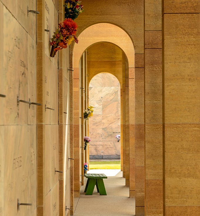 Vaulted walkway outside of memorial mausoleum